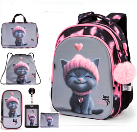 Рюкзак ортопедичний з пеналом та мішком 3 в 1 для дівчинки School Standard 38х30х18 см з Котом для першокласниць (Full 150-28)